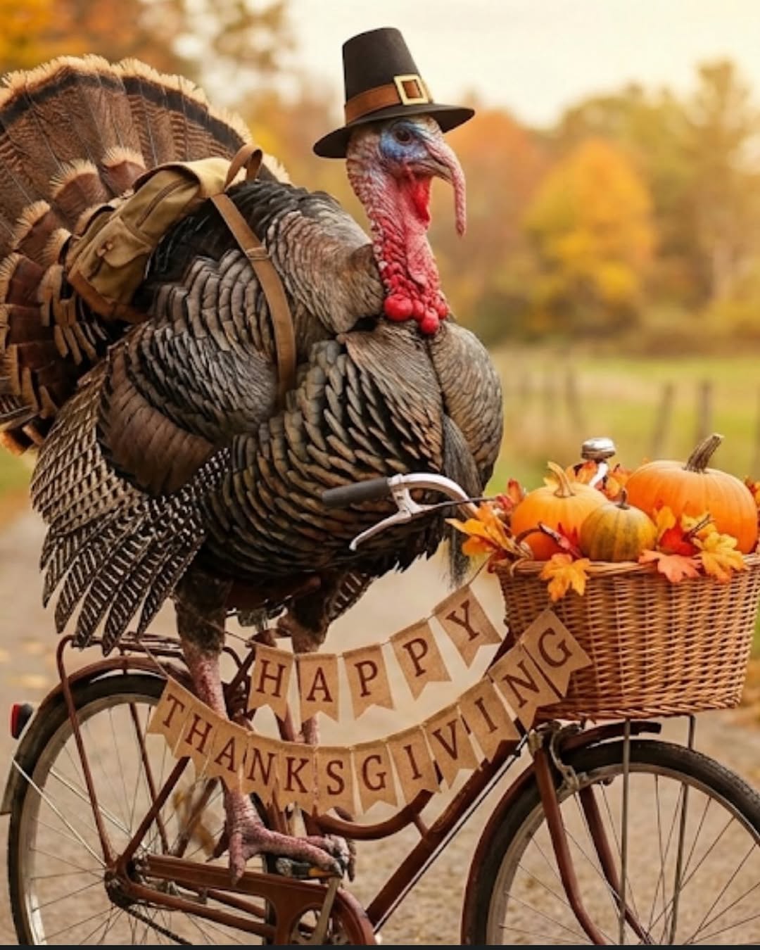 A Thanksgiving turkey posed with a bicycle and pumpkins