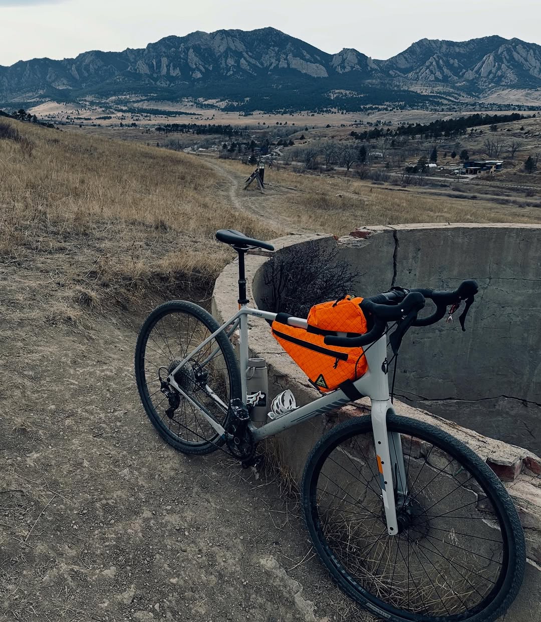 A gravel bike overlooking the Flatirons